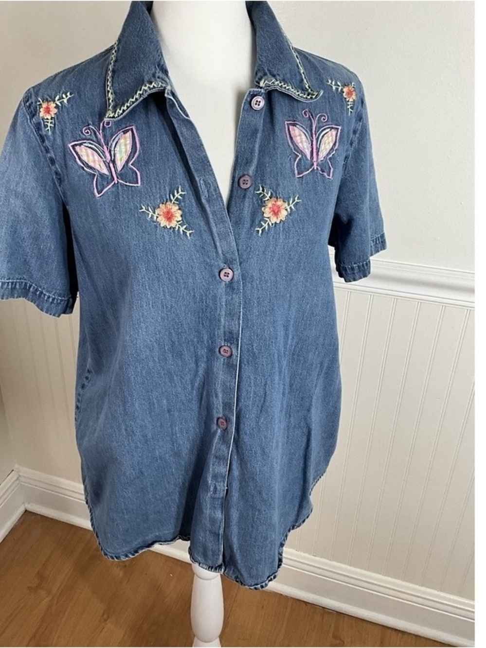 Butterfly Embroidered Denim Kids Shirt - Blue